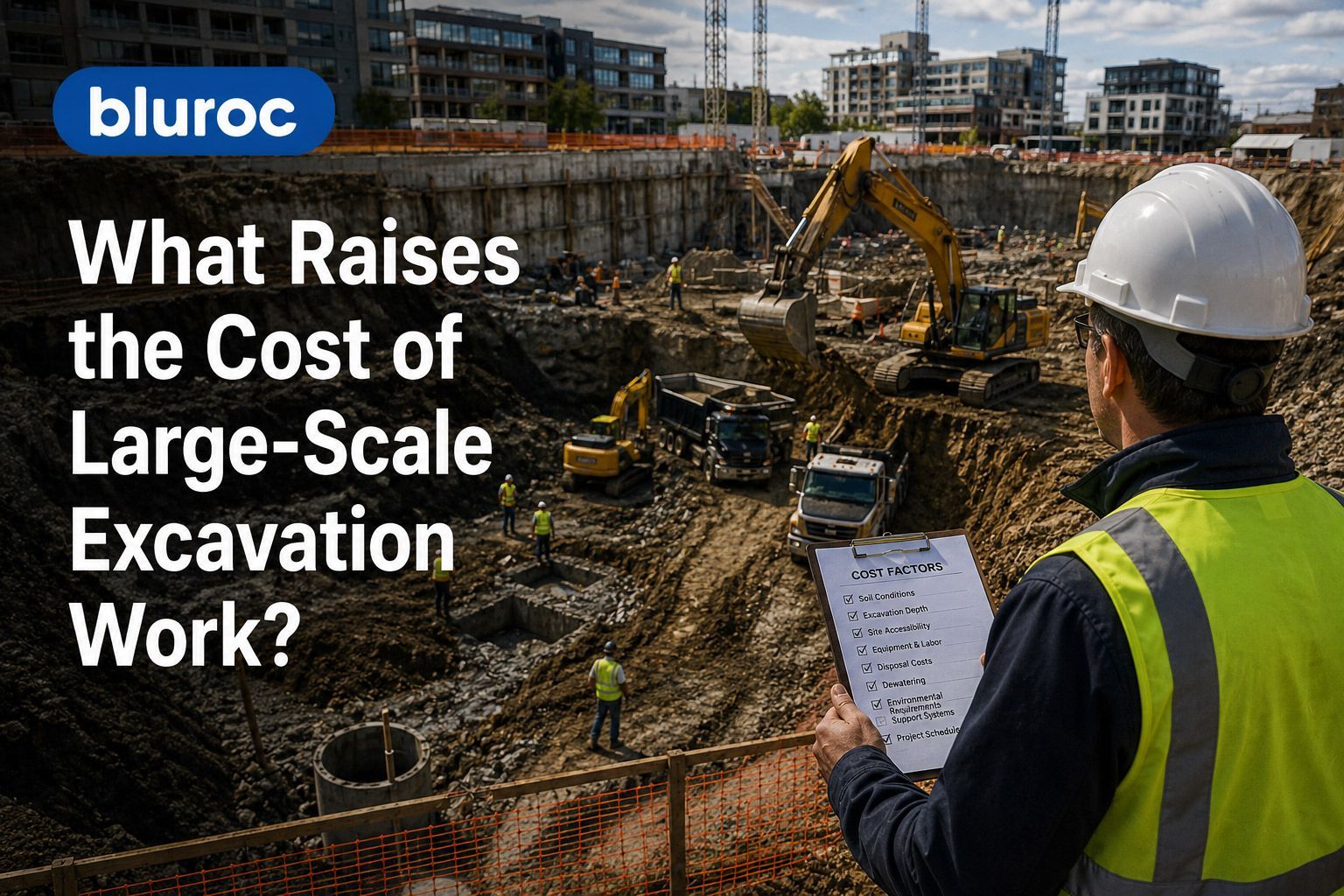 Construction worker overlooking large excavation site with excavators and text about cost of large-scale excavation work