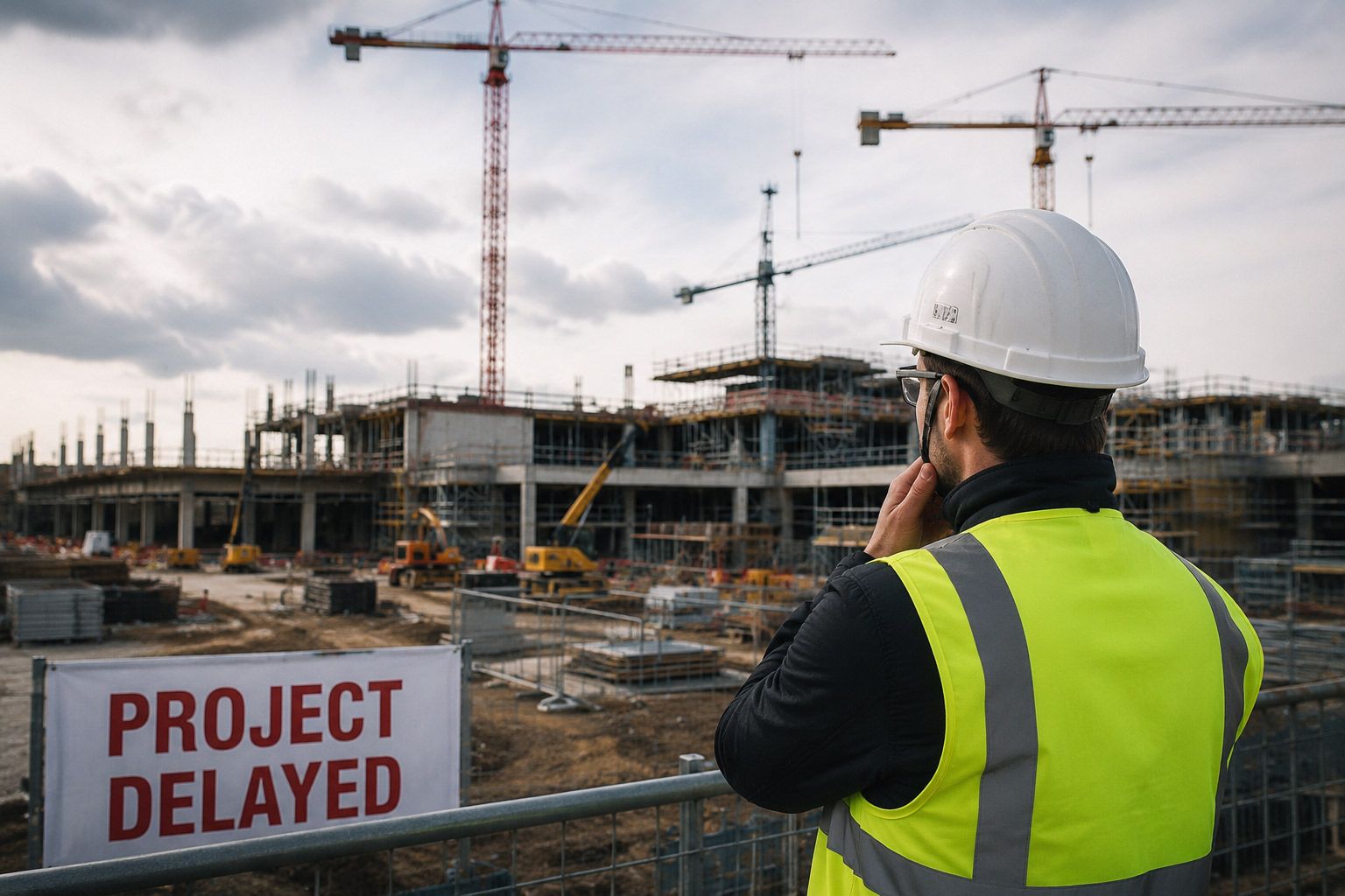 Construction site with worker in hard hat looking at delayed project sign and cranes.