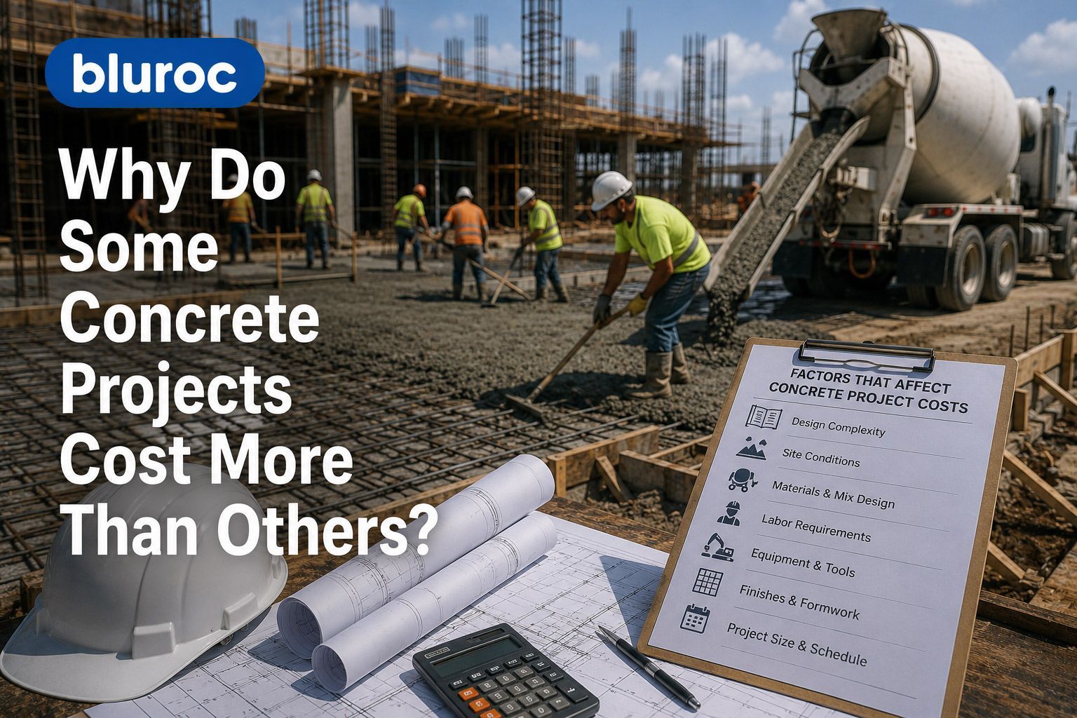 Construction workers pour concrete beside plans and a clipboard, with text: “Why Do Some Concrete Projects Cost More Than Others?” Construction workers pour concrete beside plans and a clipboard, with text: “Why Do Some Concrete Projects Cost More Than Others?”