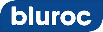 A blue and white logo for bluroc on a white background