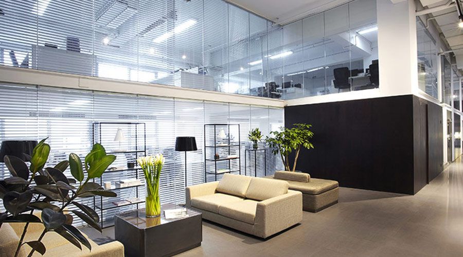 A living room in an office with a couch , chairs , and a plant.