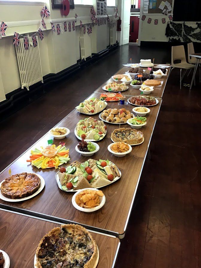 buffet table filled with food