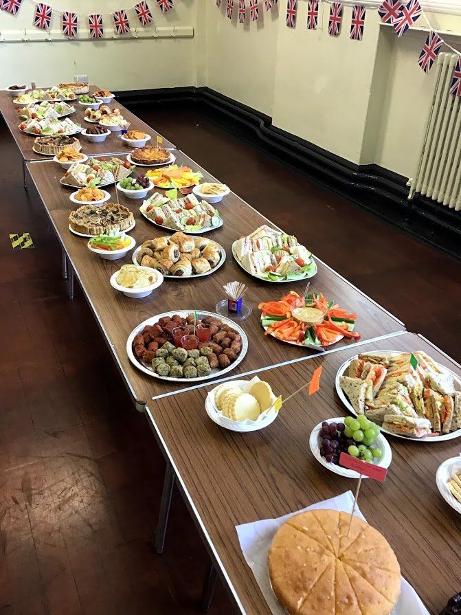 buffet table filled with food