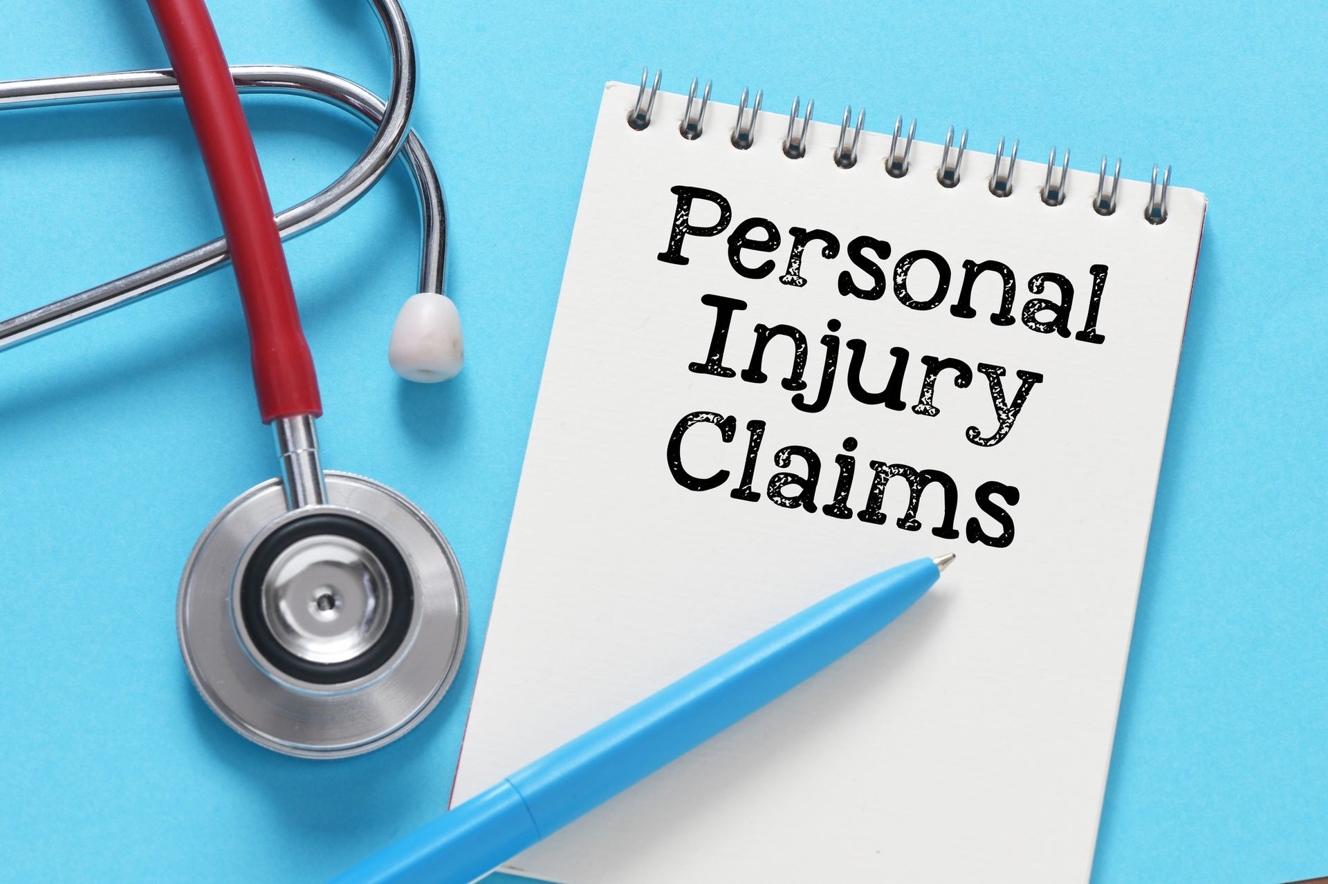 Auto accident attorney claims form with stethoscope and pen on blue medical background. Auto accident attorney claims form with stethoscope and pen on blue medical background.