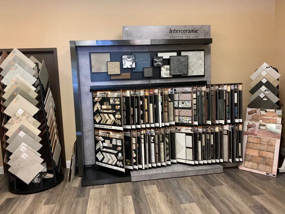 There are many different types of tiles on display in this room.