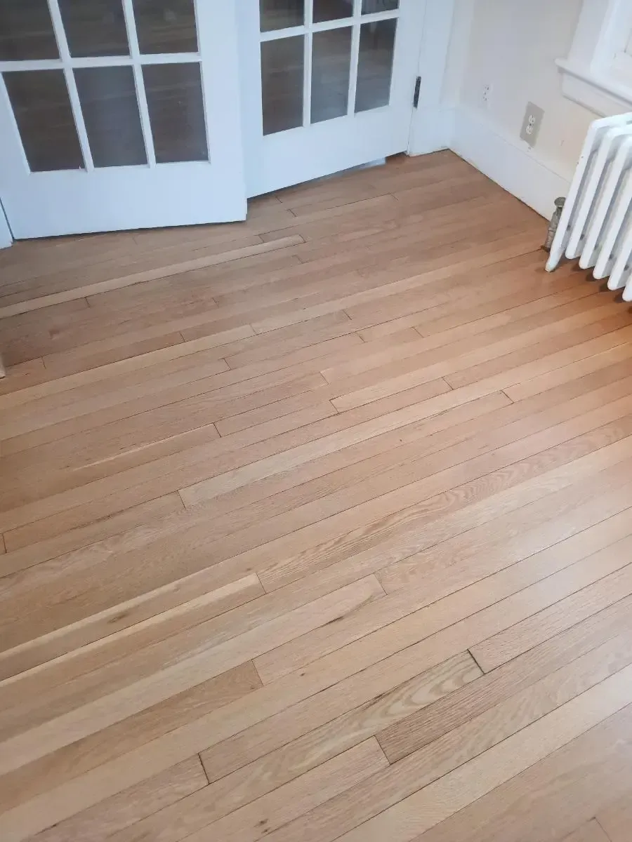 Light-colored hardwood floor in a room with white doors and a radiator.