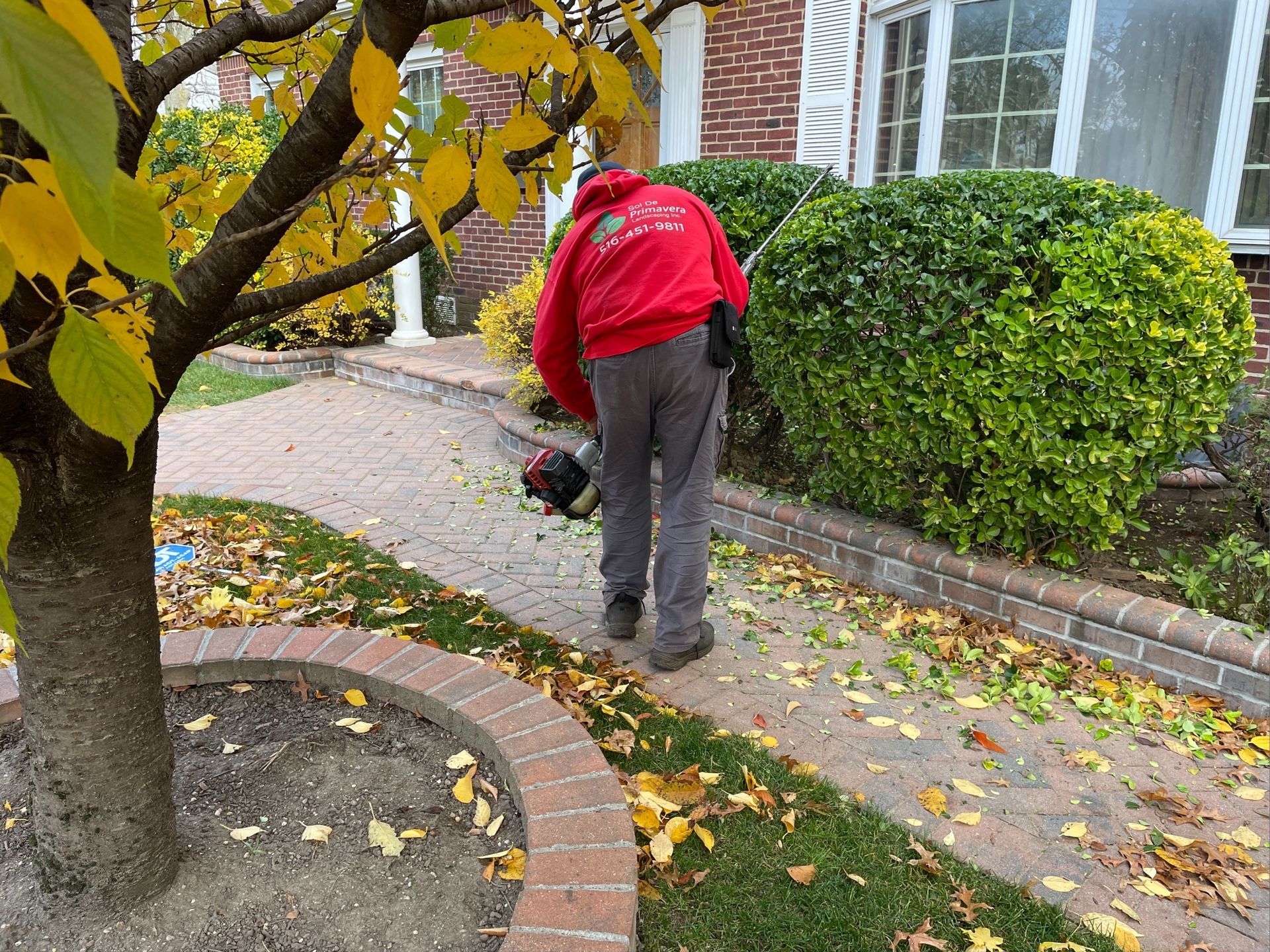 A man in a red jacket is standing on a sidewalk in front of a house.