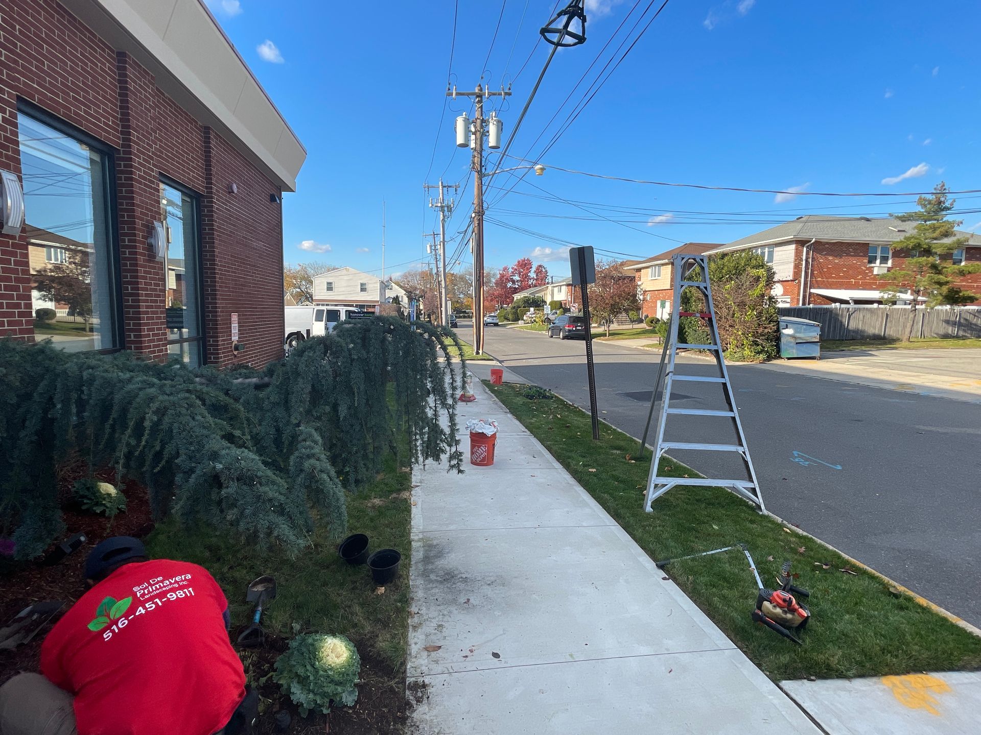 A man in a red shirt is planting flowers on the sidewalk in front of a brick building.
