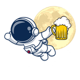 A cartoon of an astronaut holding a mug of beer in front of the moon.