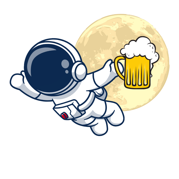 A cartoon of an astronaut holding a mug of beer in front of the moon.