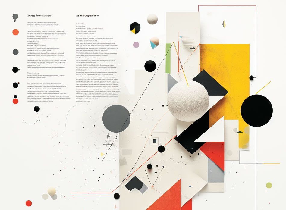 A collage of geometric shapes and lines on a white background.