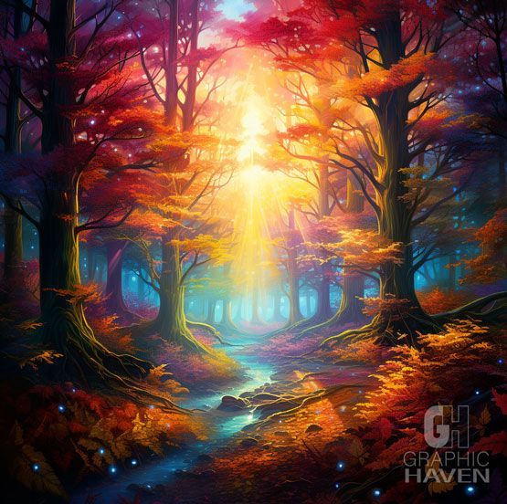 A painting of a forest with the sun shining through the trees made by AI generator