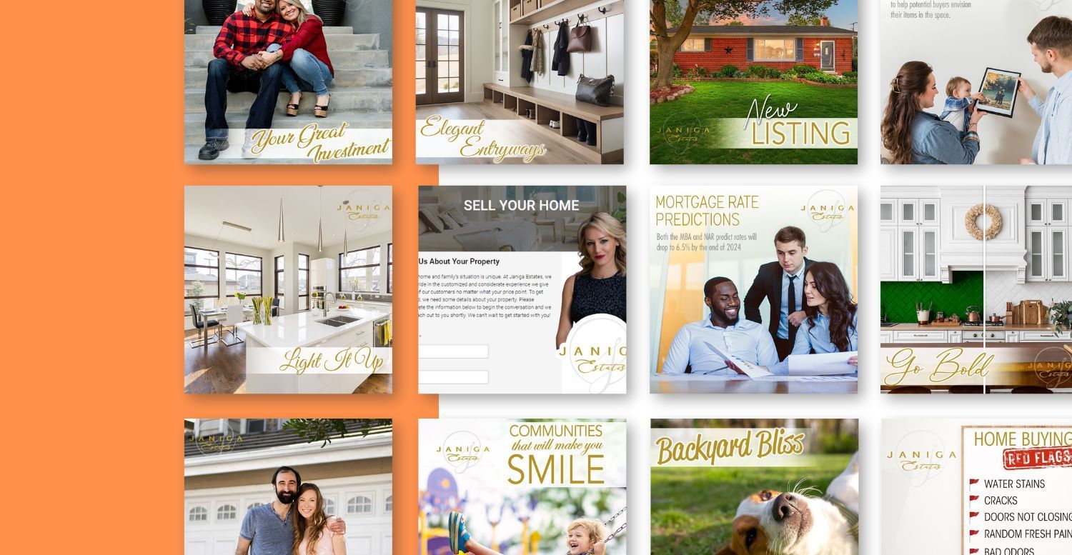 A collage of real estate advertisements with pictures of people and houses.