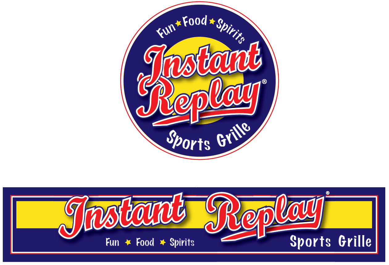 A logo for instant replay sports grille on a white background