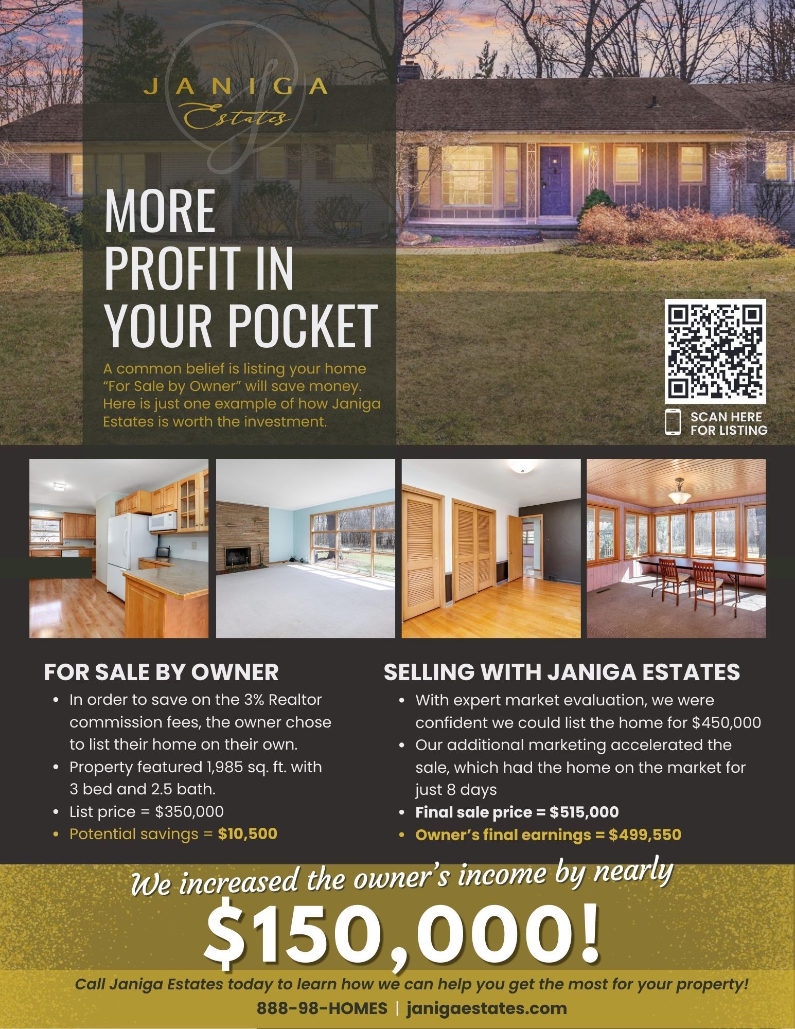Flyer for Janiga Estates showing how it's more profitable to sell with a Realtor