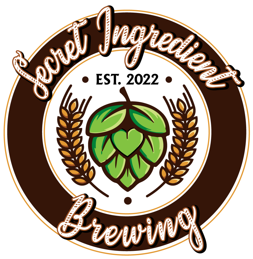 Logo for Secret Ingredient Brewing: brown circle with a green hop and wheat, est. 2022.