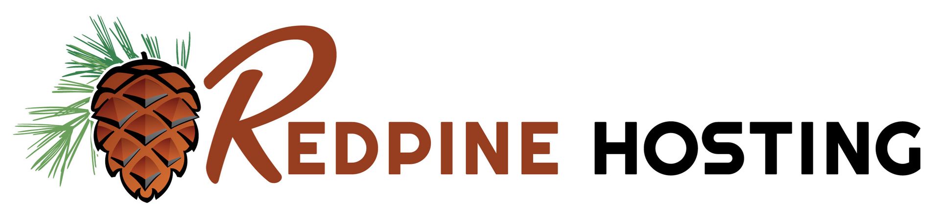 A logo for redpine hosting with a pine cone and pine needles