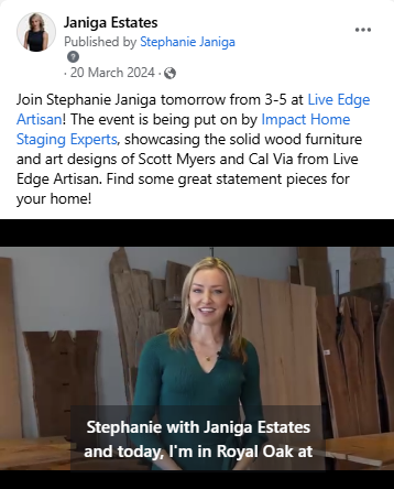 A Facebook post of Stephanie Janiga is standing in front of a pile of wood promoting an event