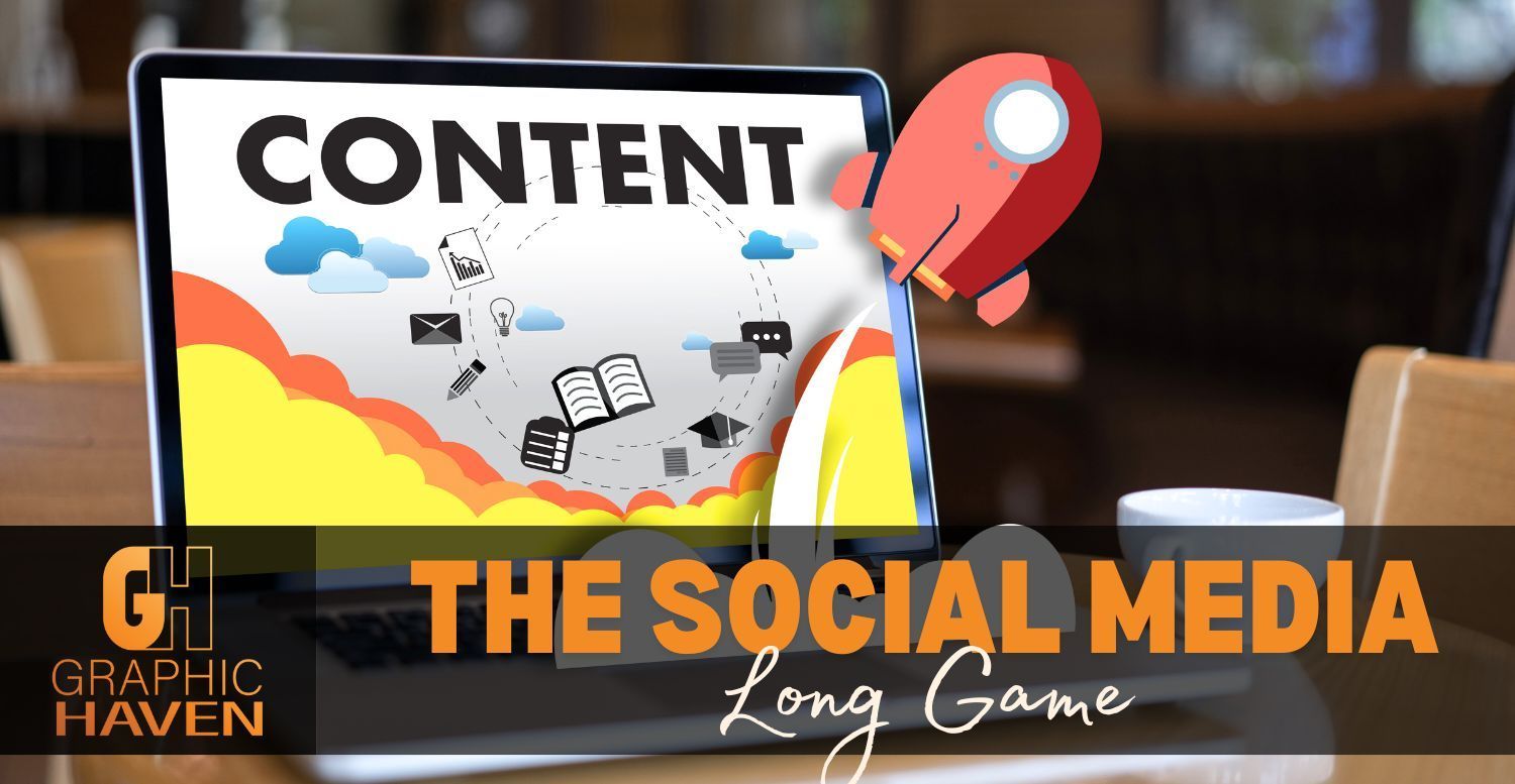 A laptop with the word content on the screen and the title: The Social Media Long Game