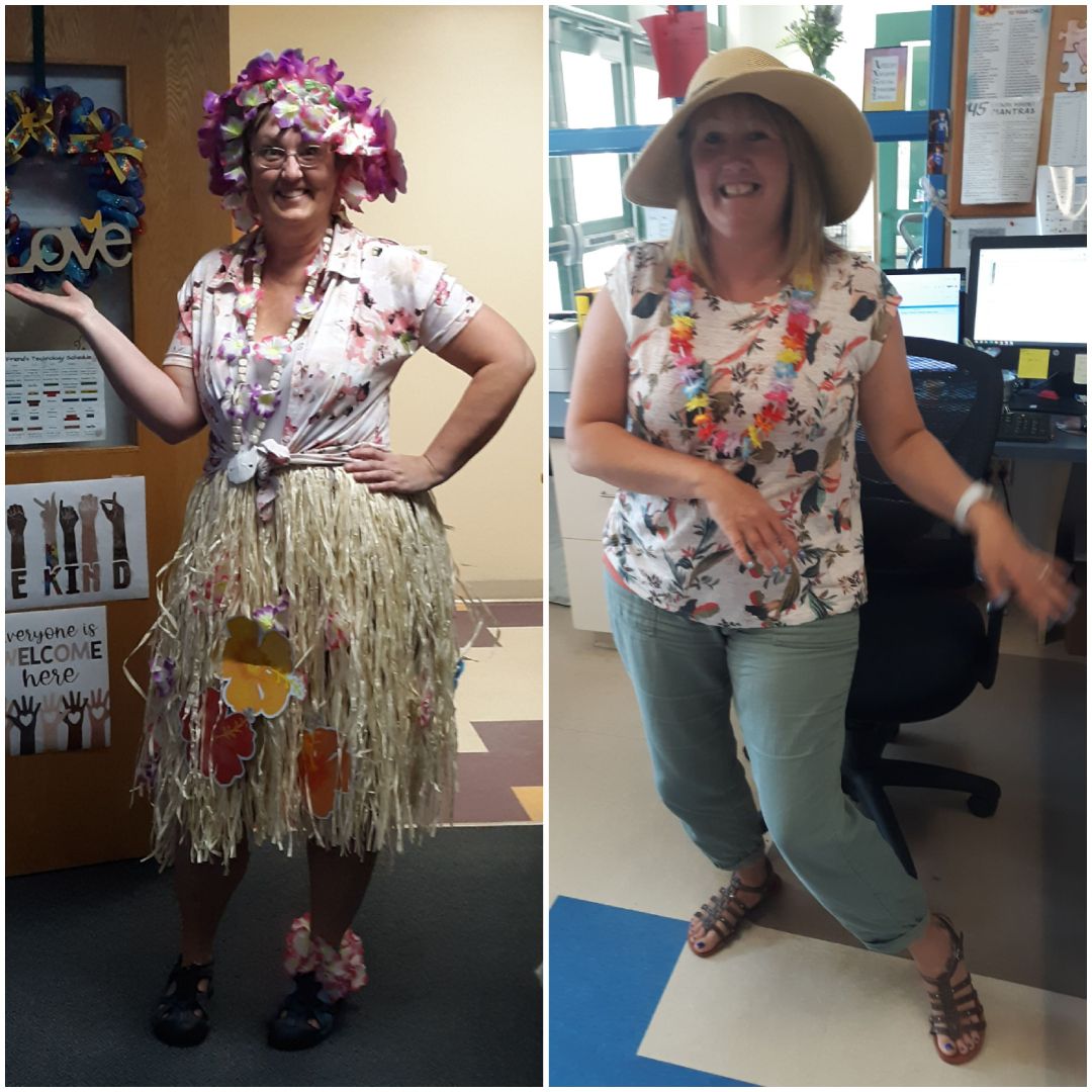 A woman in a hula skirt and a woman in a hat