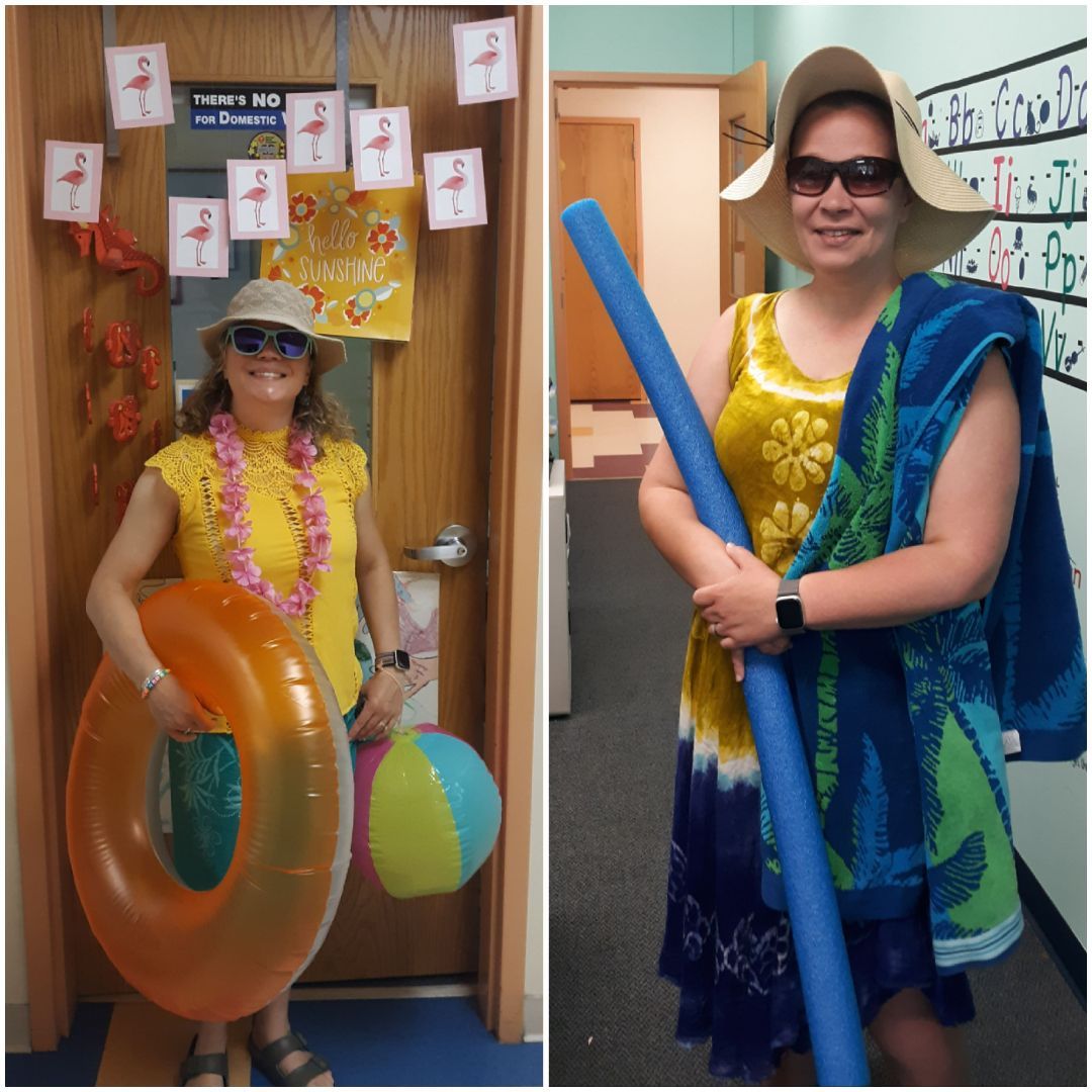 Two women standing in front of a door with flamingos on it