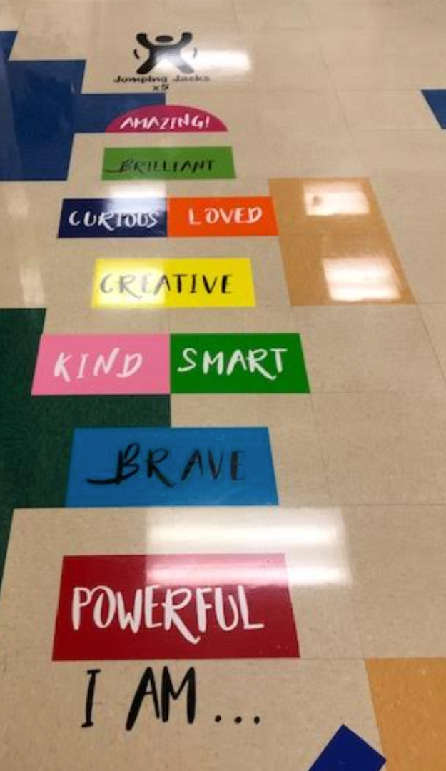 A row of colorful stickers on a floor that say powerful i am