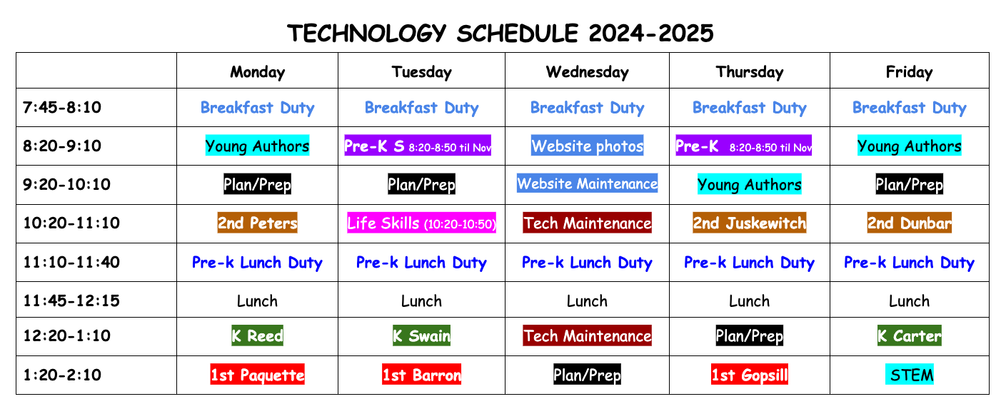 A technology schedule for the school year 2023-2024