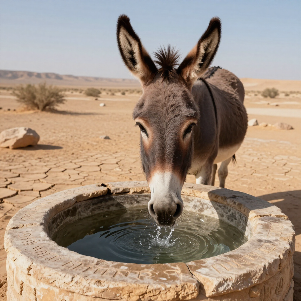 Donkey drinking from a stone water trough in a dry desert landscape.
