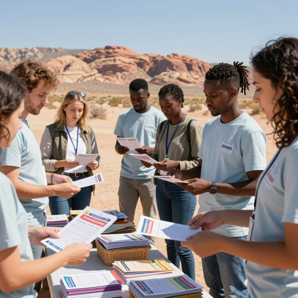 Students reading handouts around a table outdoors with desert hills in the background