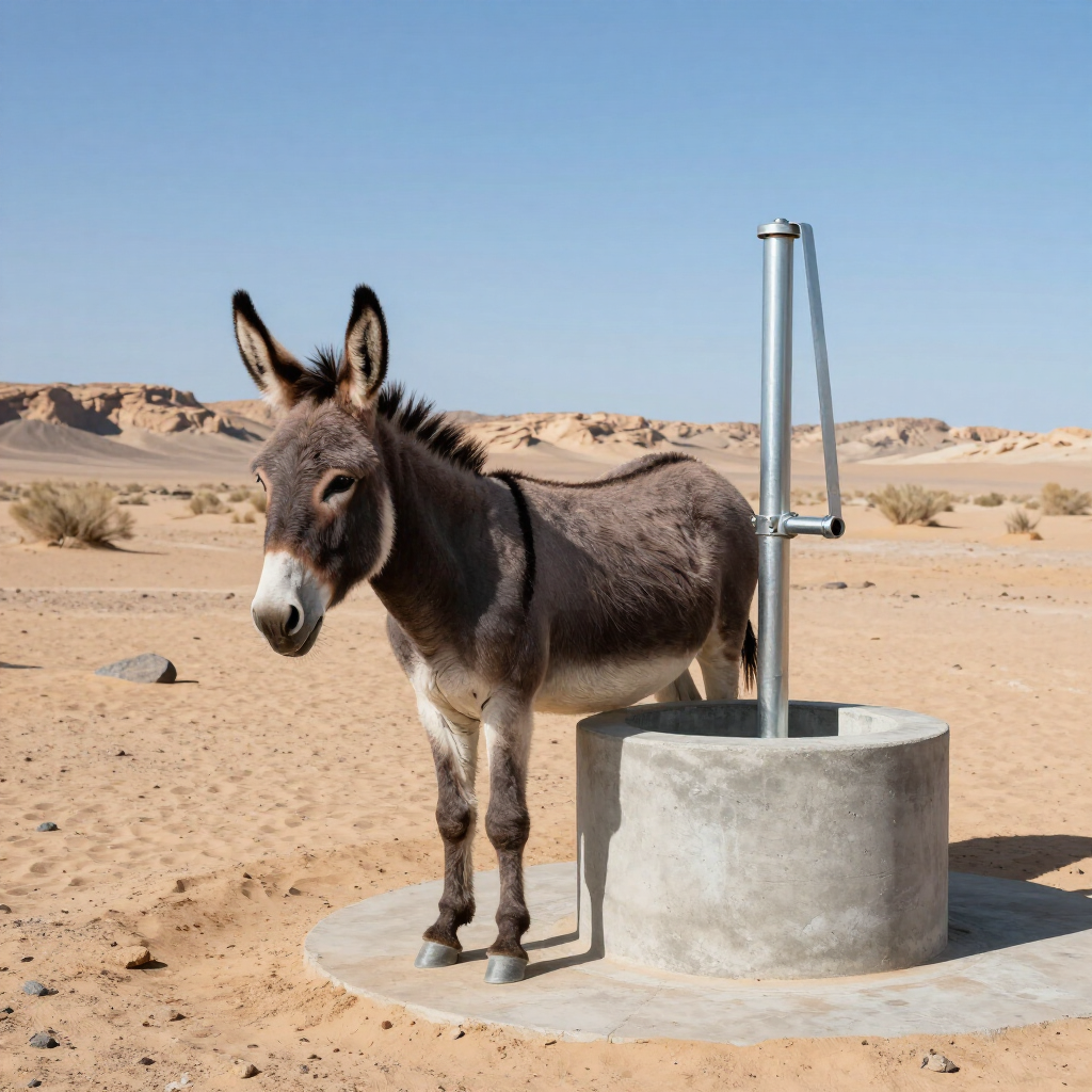 Donkey standing beside a concrete water well in a sandy desert under a clear blue sky