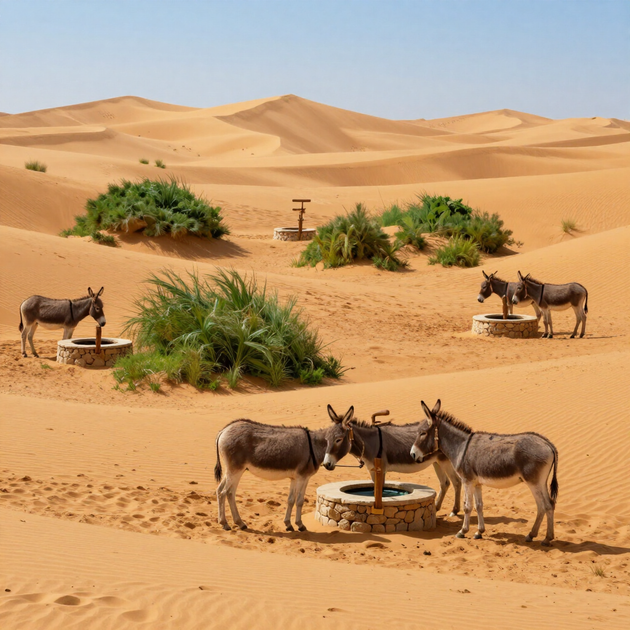 Donkeys around desert water troughs with sand dunes and sparse shrubs under a clear sky.