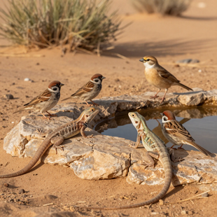 Birds and lizards gathered on sunlit desert rocks near sparse shrubs.