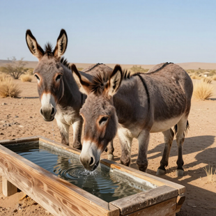 Two donkeys drinking from a wooden trough in a sandy desert landscape