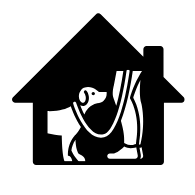 A black and white silhouette of a house with a dog on a leash.