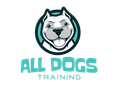 A logo for all dogs training with a dog 's head in a circle.