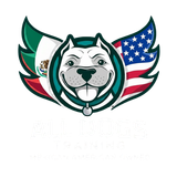 A logo for all dogs training with a dog 's head in a circle.