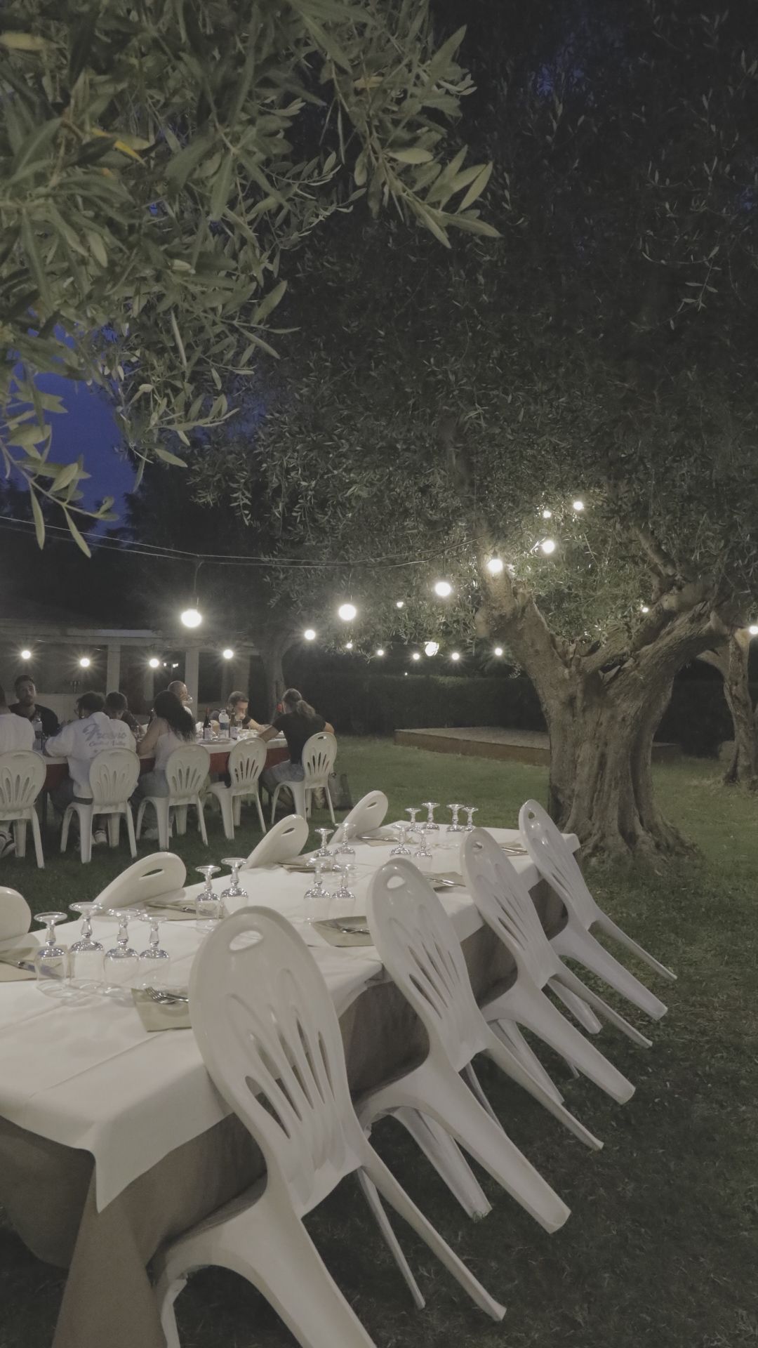 Tavolo del ristorante apparecchiato con bicchieri e vista dalla finestra, un quadro con tre vecchie foto sulla parete.