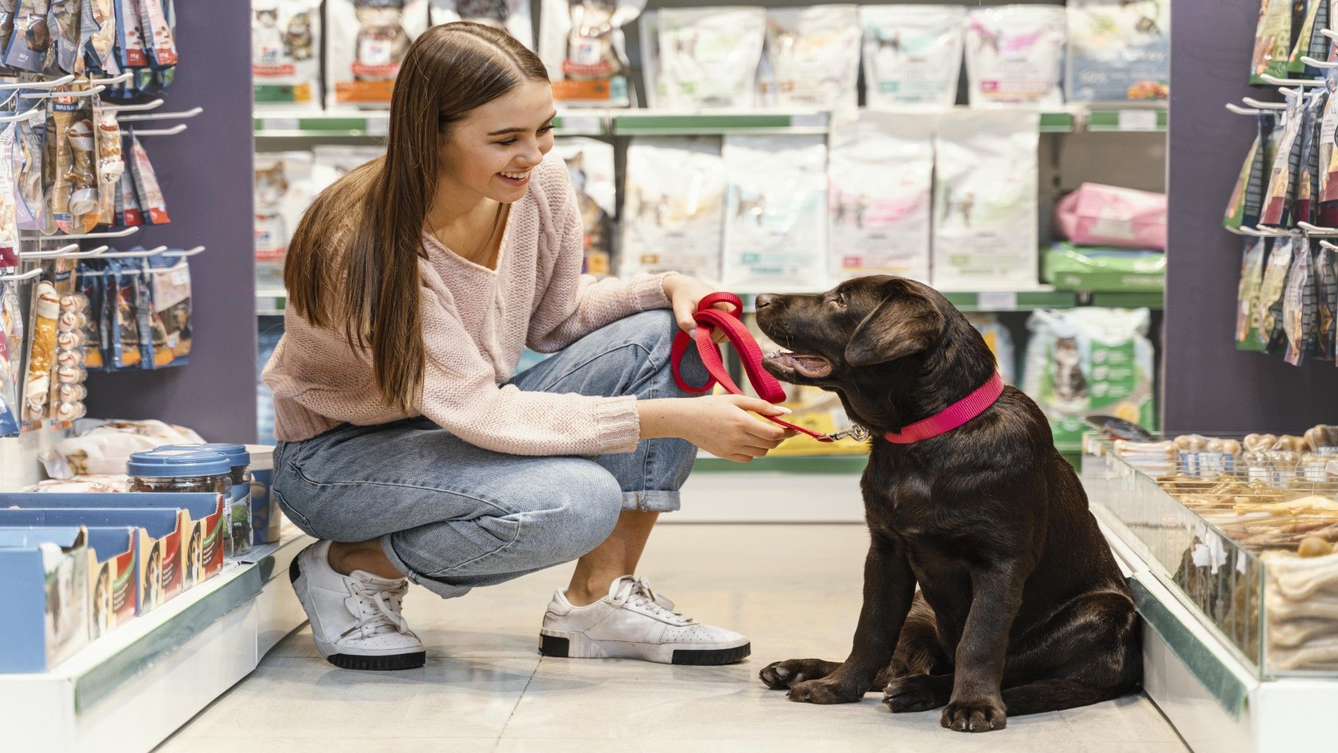 Una mujer está arrodillada junto a un perro en una tienda de mascotas.