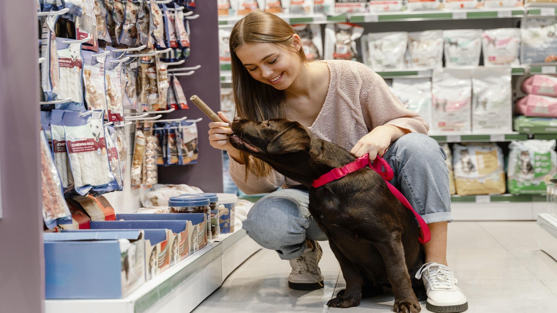 Una mujer está arrodillada junto a un perro en una tienda de mascotas.