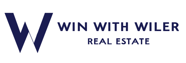 The logo for win with wiler real estate is blue and white.