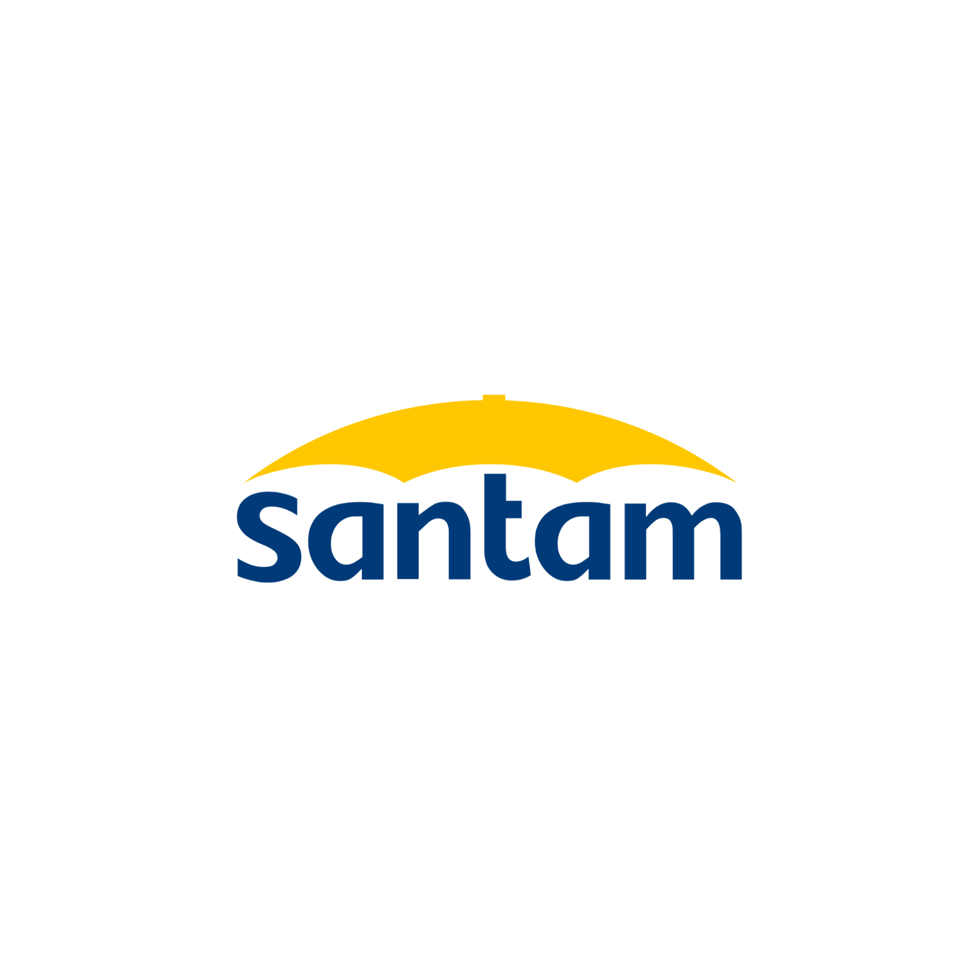 A blue and yellow logo for santam with a yellow umbrella on a white background.