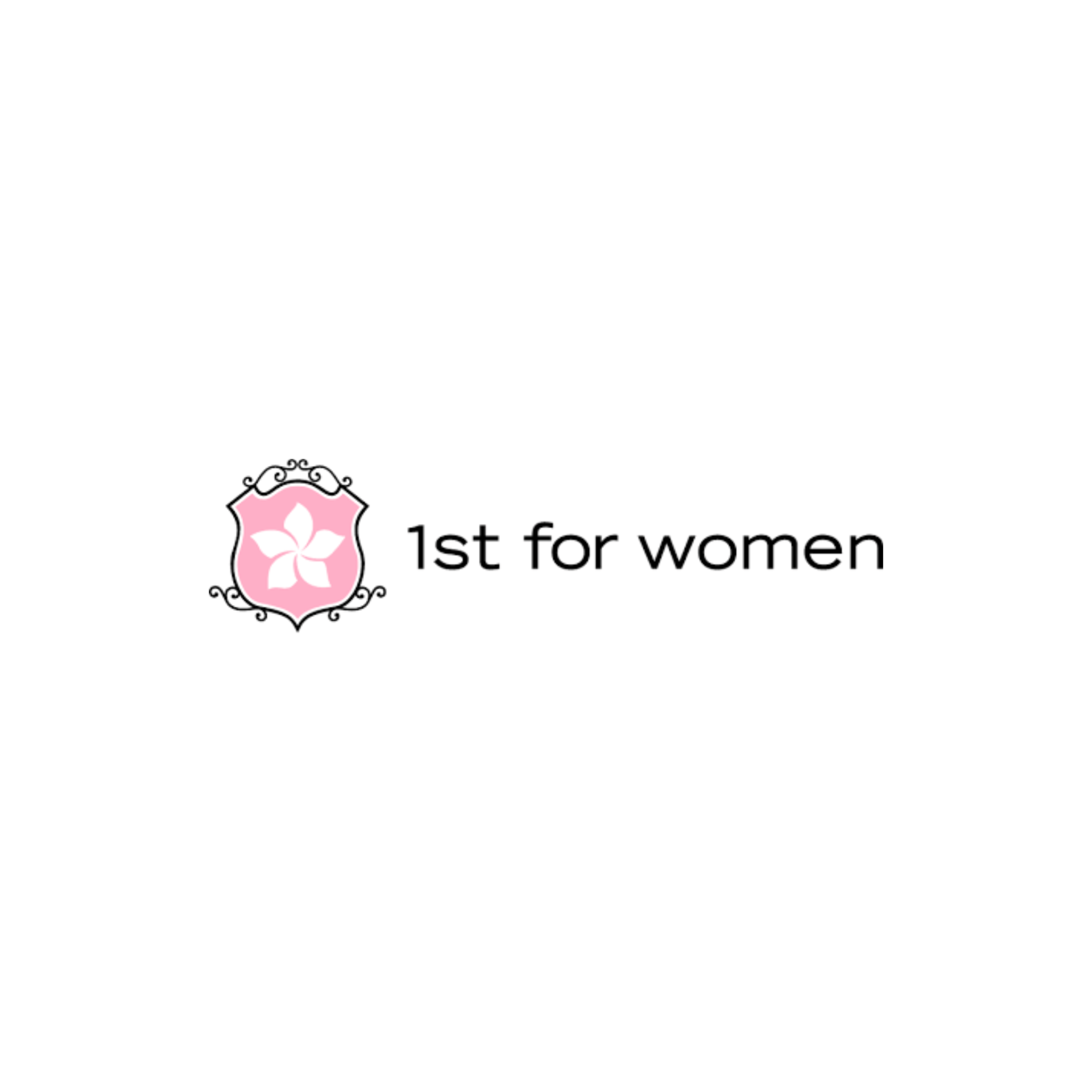 A logo for a company called 1st for women with a pink flower on a white background.