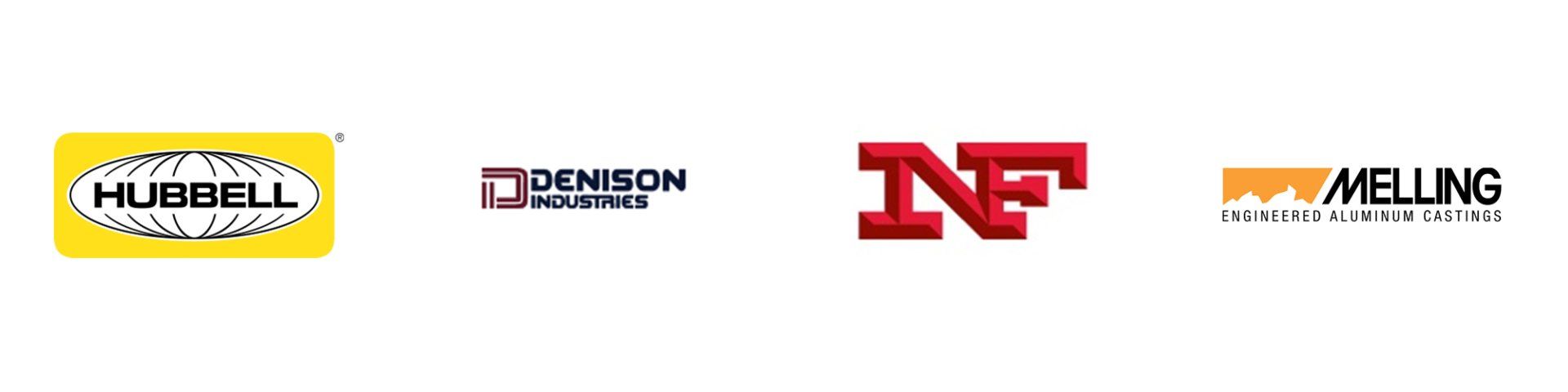Hubbell, Denison Industries, NF and Melling Logos