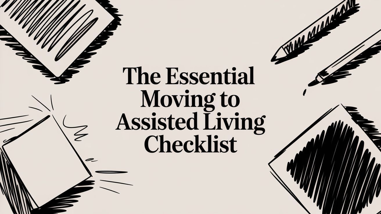 Title graphic: “The Essential Moving to Assisted Living Checklist” on a beige background with black sketch accents.