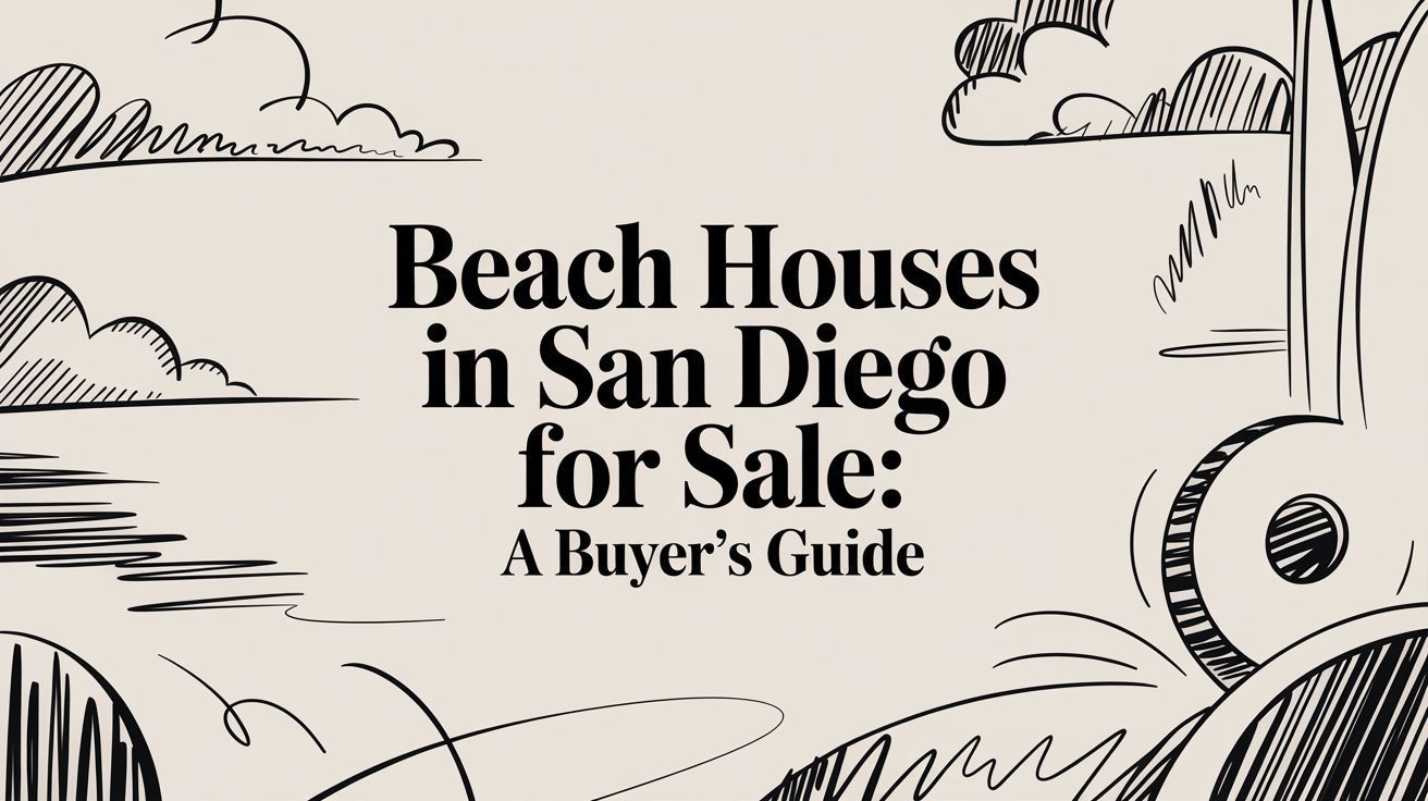 Black-and-white cover reading “Beach Houses in San Diego for Sale: A Buyer’s Guide” with coastal line art.