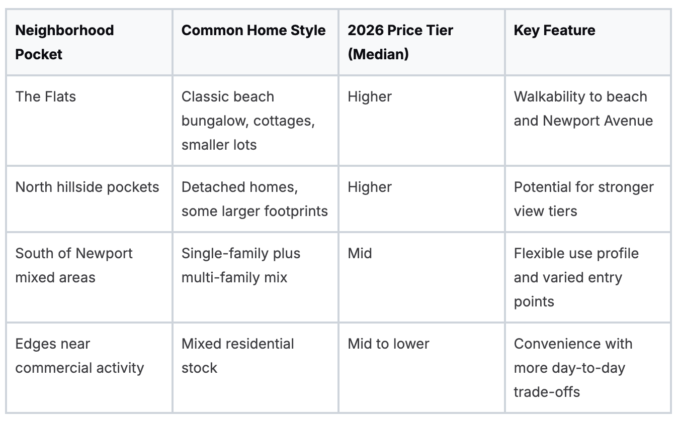 Table comparing neighborhoods, home styles, 2026 price tier, and key features in Ocean Beach