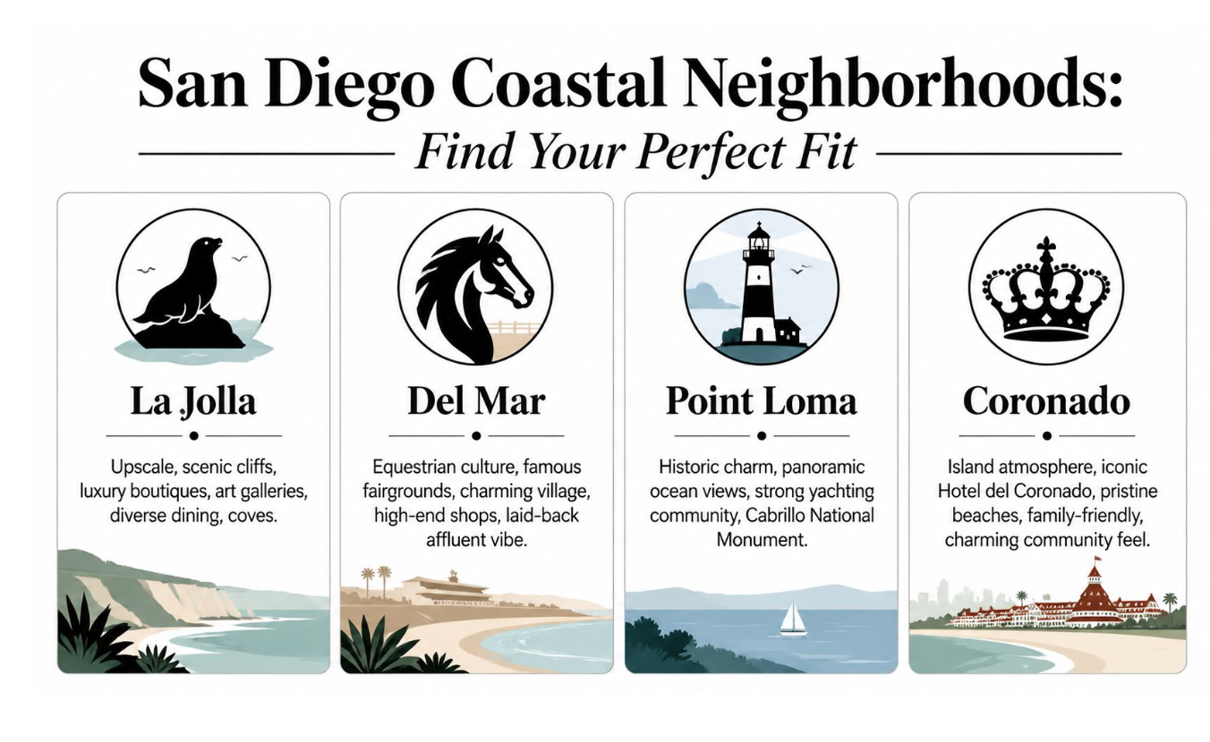 Poster comparing San Diego coastal neighborhoods: La Jolla, Del Mar, Point Loma, and Coronado.