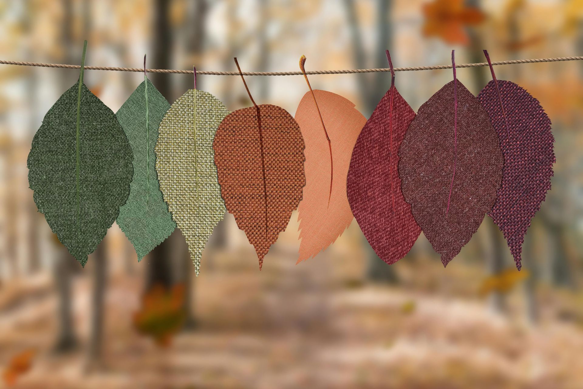 Leaves of varying autumnal colors hang on a string against a blurred forest background.