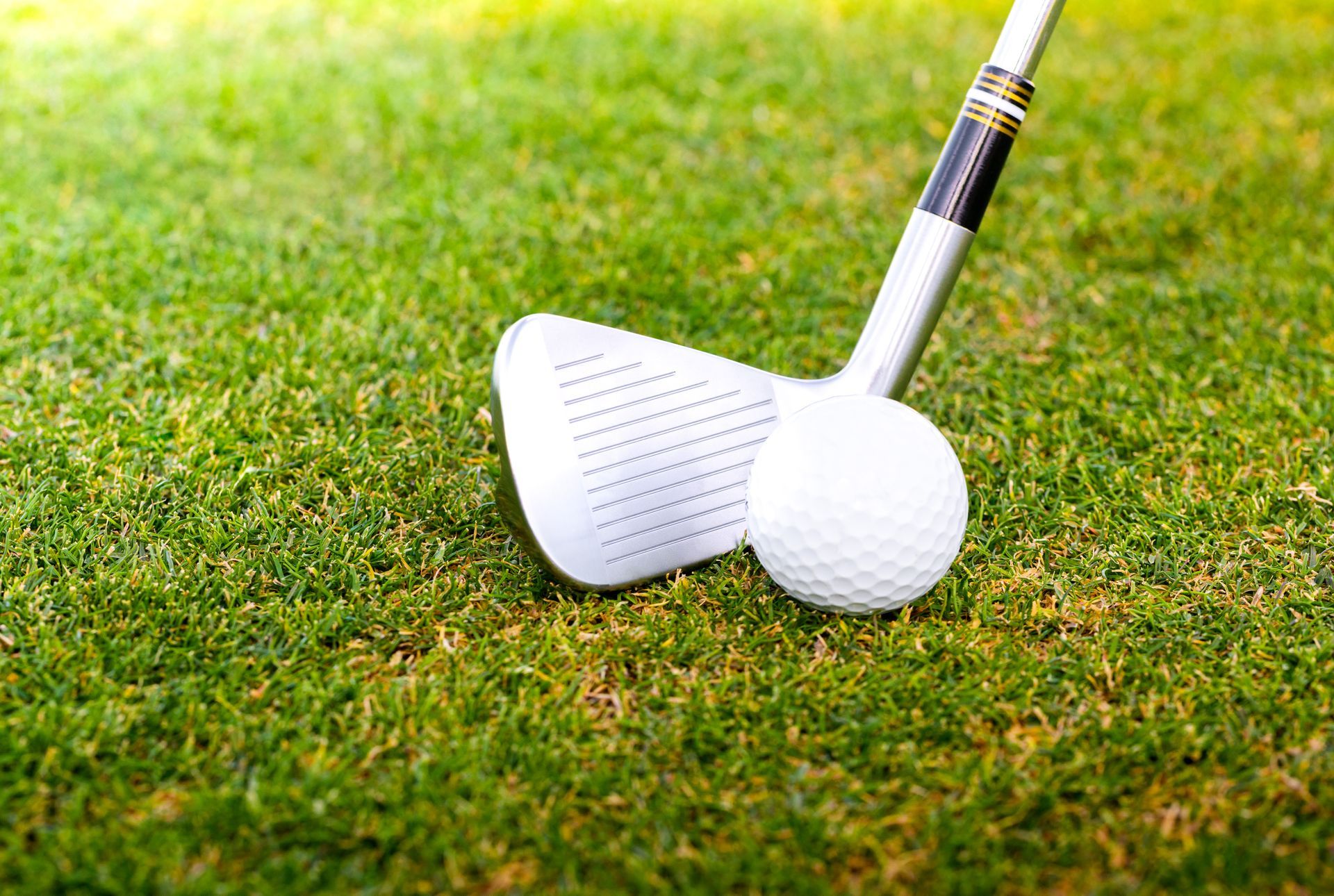 A golf ball and a golf club on a green