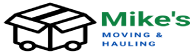 The logo for mike 's moving and hauling shows a box on wheels.